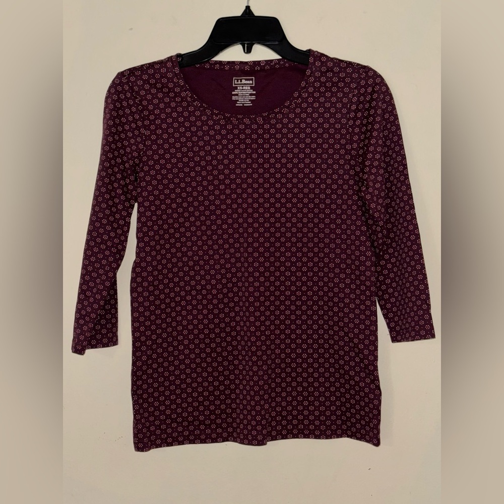 L.L. Bean Pima Cotton Shaped Jewelneck Tee with 3/4 Sleeves Wine Floral Print